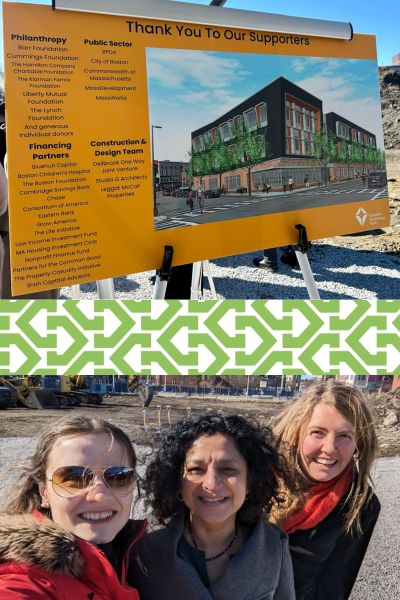 Two photos from the Franklin Cummings Tech groundbreaking - the top is a poster board listing out supporters of the project including TBF, the bottom is a selfie of three TBF staff members (Antoniya Marinova, Soni Gupta, and Julia Howard)