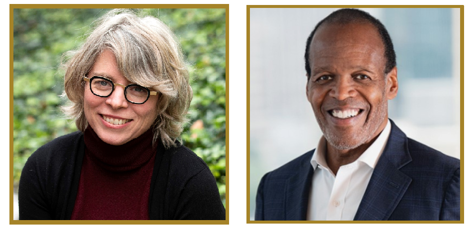 Side by side headshots: on the left a headshot of Jill Lapore, a white woman with light-colored hair and glasses, and on the right is a headshot of Lee Pelton, a black man with short hair