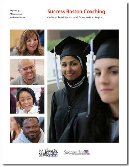 Succes Boston Coaching report cover. It features pictures of students wearing caps and gowns, and smiling adults.